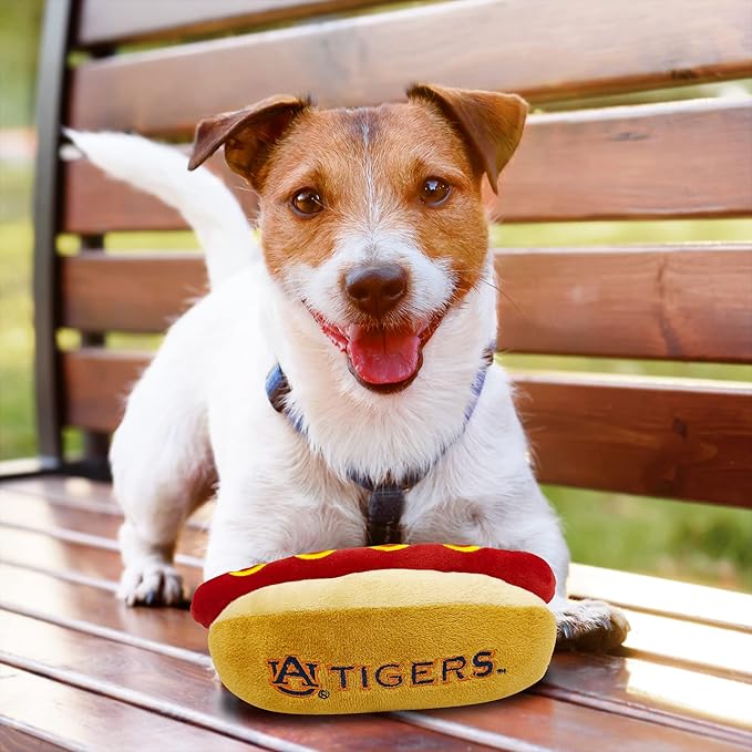 NCAA Auburn Tigers HOT Dog Plush Dog & CAT Squeak Toy- Cutest HOT-Dog Snack Plush Toy for Dogs & Cats with Inner Squeaker & Beautiful Football/Basketball Team Name/Logo