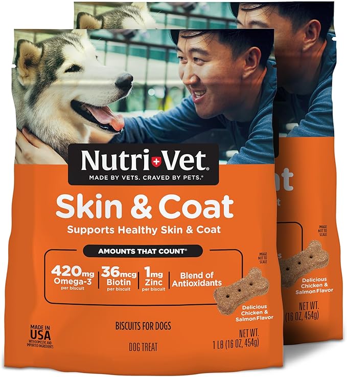 Nutri-Vet Skin & Coat Biscuits for Dogs, Dog Skin and Coat Supplement, Functional Treat, Small Sized Biscuit, Omega-3 and Biotin, 16 oz (Pack of 2)