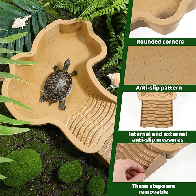 Large Reptile Water Bowl with Ramp, Thickened Non-Slip Feeding Dish & Bathing Pool for Turtle, Snake, Gecko, Bearded Dragons, Lizard Habitat Accessories