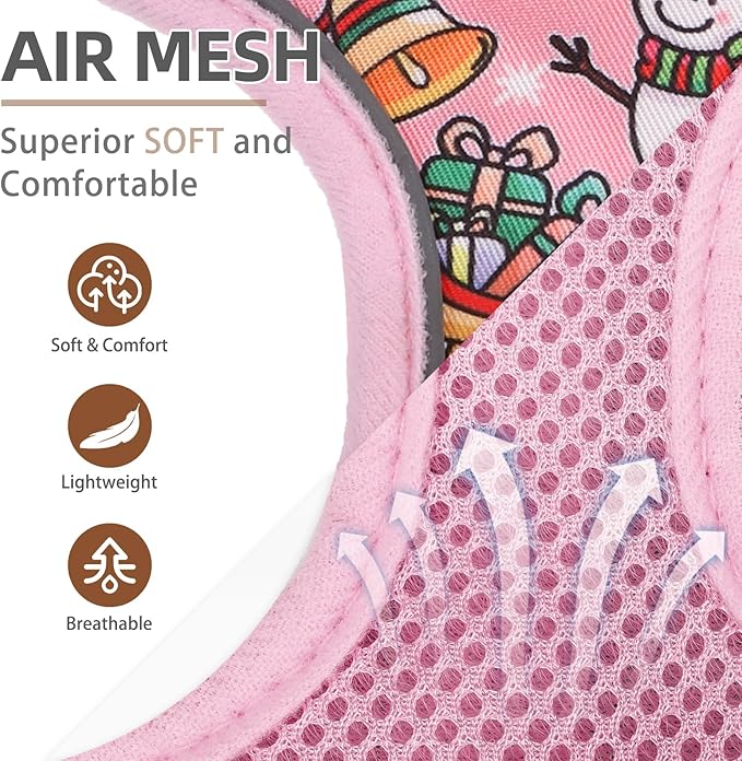 PUPTECK Soft Mesh Dog Harness and Leash Set Pet Puppy Cat Comfort Padded Vest No Pull Harnesses, Christmas Bright Pink, S