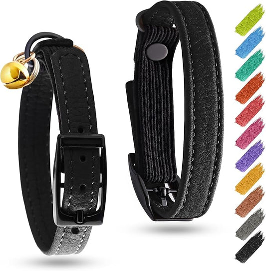 Leather Cat Collar with Bell and Safety Elastic Strap Breakaway Alternative for Small & Large Kittens, Stylish Pet Leather Collar for Boy, Girl Cats with Metal Buckle & QR ID Tag (Black)
