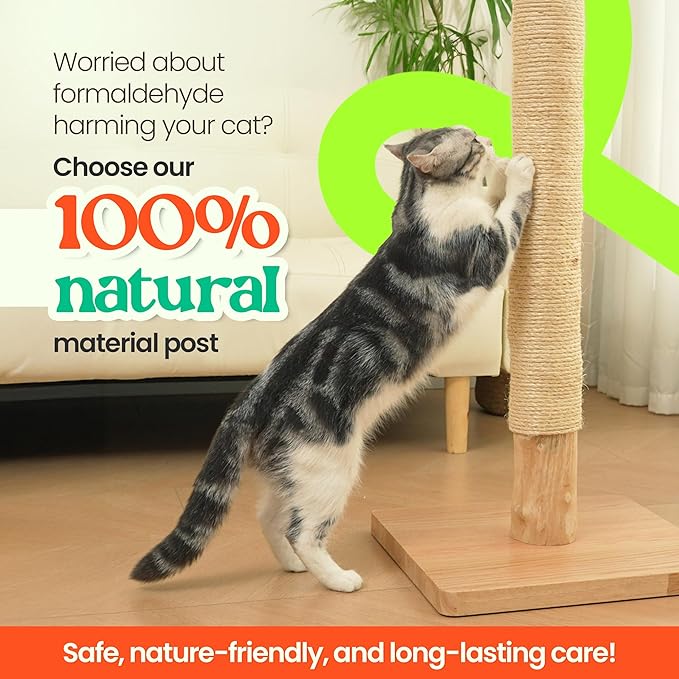 Premium 35" Cat Scratching Post – Natural Pear Wood, Sisal Rope, Rubber Wood Base with Oak Skin, Ideal for Large Cats, Free Rope Replacement