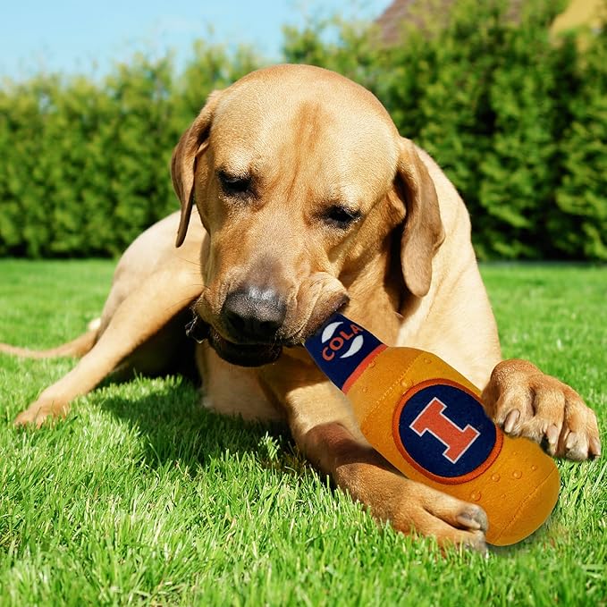 NCAA Illinois Fighting Illini Beer Bottle Plush Dog & CAT Squeak Toy- Cutest Stadium SODA Bottle Snack Plush Toy for Dogs & Cats with Inner Squeaker & Beautiful Football/Basketball Team Name/Logo