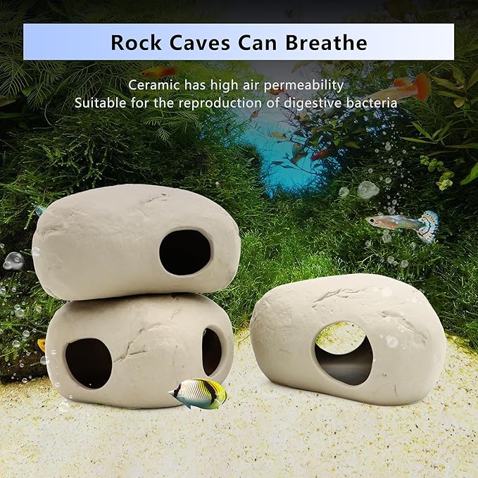 Aquarium Decorations Large Stackable Ceramic Cave Betta Fish Tank Accessories Large Rock Cave Decor 3-Piece Set
