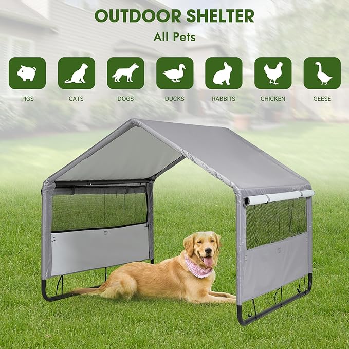 4'x 4'x 3.3' Extra Large Dog House Outside, Pet Tent Outdoor Dog Shade Shelter for Large Medium Dogs, Outside Sun Rain Canopy Pet House for Cats Pigs Livestock w/Artificial Leaves