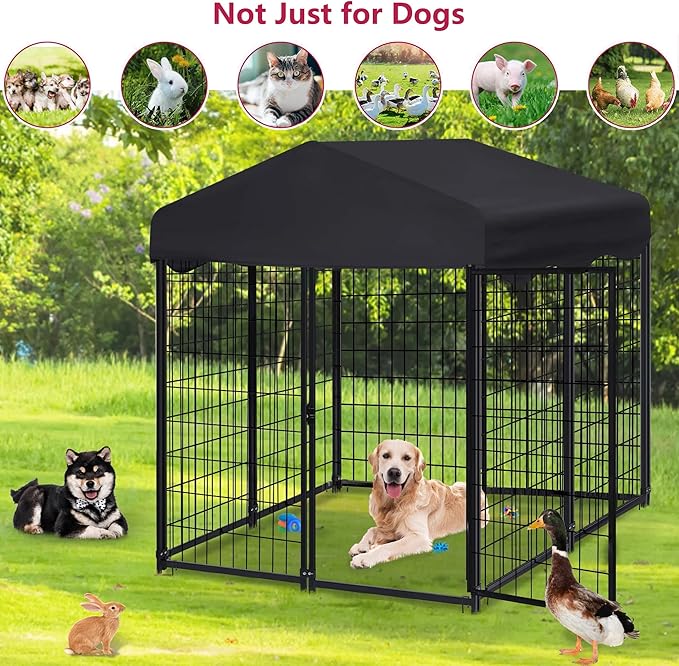 Dog Kennel Outside, 4.5' x 4' x 4' Dog Kennel Outdoor with Roof for Medium Small Dogs, Outdoor Dog Cage Dog Pen with Waterproof & UV-Resistant Cover, 12 Nails for Stablility, 2 Sets