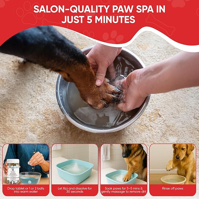 Warren London Deep Cleaning Paw Soak for Dogs – 300 Count Fizz Balls | Groomer-Size | Soothes Itchy, Irritated Paws with Seaweed, Tea Tree Oil & Aloe | Anti-Lick Paw Relief & Easy 5-Minute Spa
