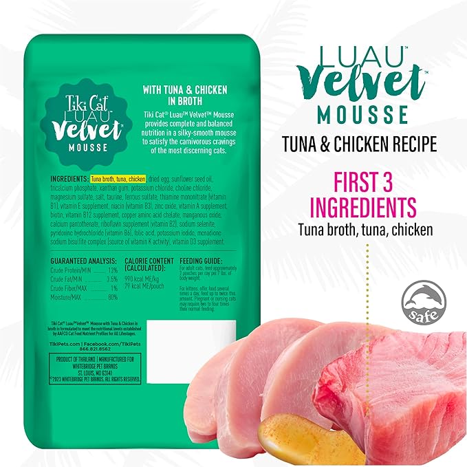 Tiki Pets Tiki Cat Velvet Mousse Grain-Free Wet Food with a Silky-Smooth Texture for Adult Cats & Kittens, 2.8oz, 12pk, Tuna & Chicken, 48005