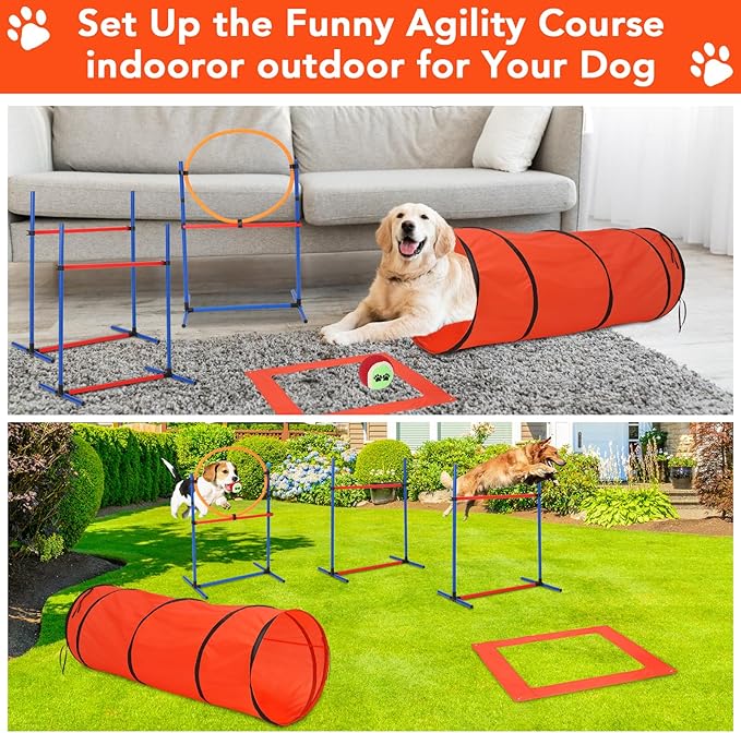 Dog Agility Training Equipment, Perfect Obstacle Course Backyard Set with Tunnel, 2 Agility Hurdle, 8 Weave Poles, Jump Ring, Pause Box, Toy Balls and Storage Bag, Dog Outdoor Game Sets (87 PCS)