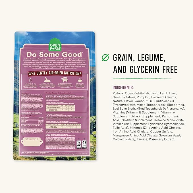 Open Farm, Air Dried Dog Food Infused with Bone Broth, Grain & Legume Free, Complete Meal or Food Topper, Pollock & Lamb Recipe, 2lb Bag