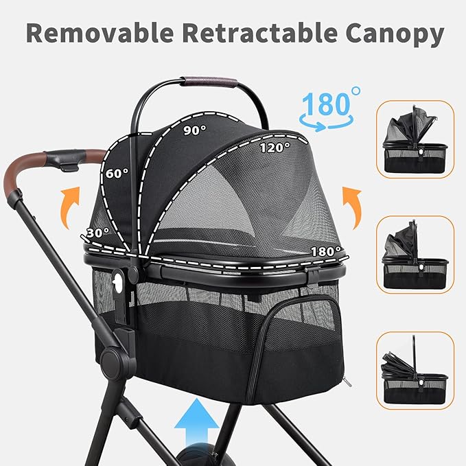 Foldable Dog Stroller, 3 in 1 Pet Stroller for Small Medium Dog Cat up to 50lbs, Detachble Portable Pet Bag, Storage Basket and One-Button Folding Frame
