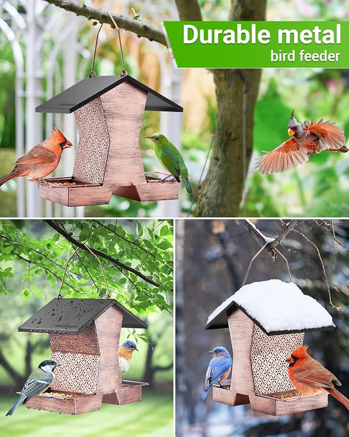 Bird Feeders for Outdoors Hanging - 2.4 LBs Metal Bird Feeder, House Shape Birdfeeders Attracting Wild Birds for Outside, Yard, Garden Decoration, Heavy Duty Platform