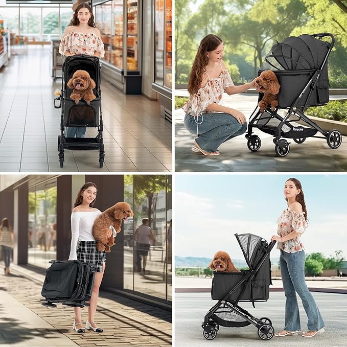Medium Dog Stroller, Kenyone Pet Stroller for Medium Dogs Up to 55lbs, Lightweight Aluminum Frame, One Click Folding, Large Cat Stroller with No Zip Entry, Detachable Mesh, Multiple Pockets