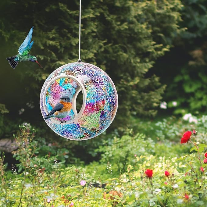 Bird Feeder Mosaic Fly Through Bird Feeder for Outside Hanging with Round Shape Glass Feeders to Attract Wild Birds for Garden, Deck, Yard, Backyard and Porch Decor, 7-Inch