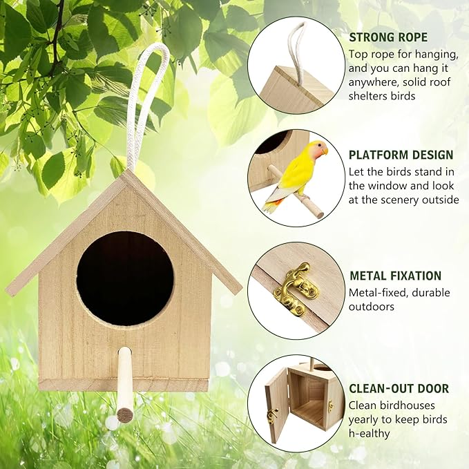 Tfwadmx Wooden Bird House, Pack of 2 Hanging Birdhouse for Outside, Wooden Nests Box Garden Patio DIY Decorative for Robin Budgie Swallow Little Sparrow Finch Throstle or Medium Size Birds