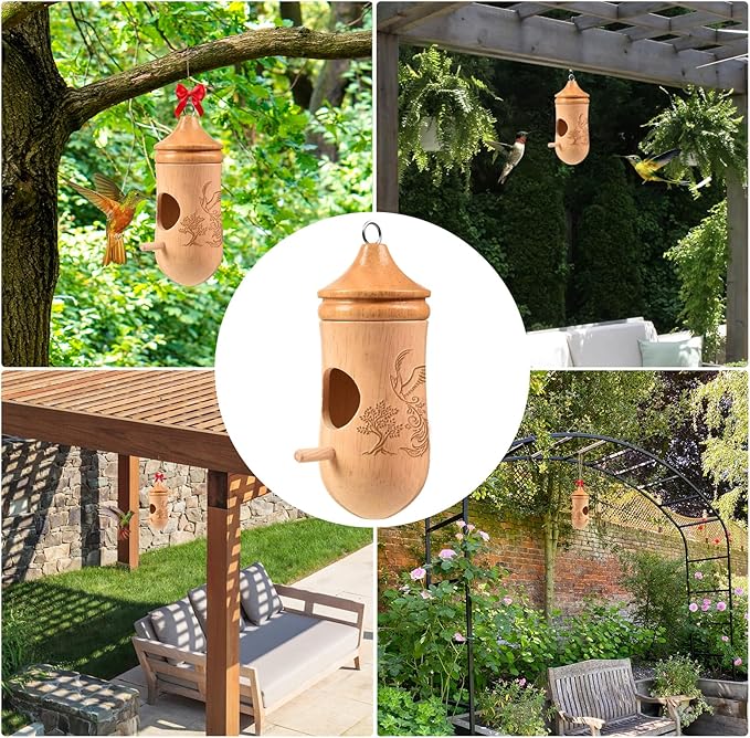 Hummingbird House, Solid Wood Hummingbird Houses for Outside-Exquisitely Handcrafted Birdhouse with Ribbon and String Hanging Kit, Durable Garden Decor, Perfect Gardening Gift(Style-E, 1 Pack)