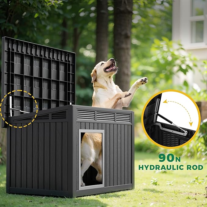 ROJIK Large Dog House Outdoor Indoor Weatherproof with Removable Roof Raised Base Plate,Pet House Weatherproof for Small to X-Large Dogs,Easy to Clean and Lightweight(42.87 * 32.95 * 31.61inch,Black)