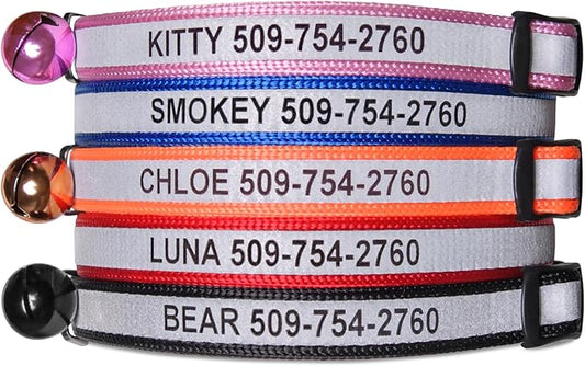 GoTags Personalized Reflective Cat Collars, Engraved Custom Cat Collar with Name and Phone Identification, Breakaway Collar with Safety Release Buckle and Bell, Adjustable for Cats and Kitten, (Black)