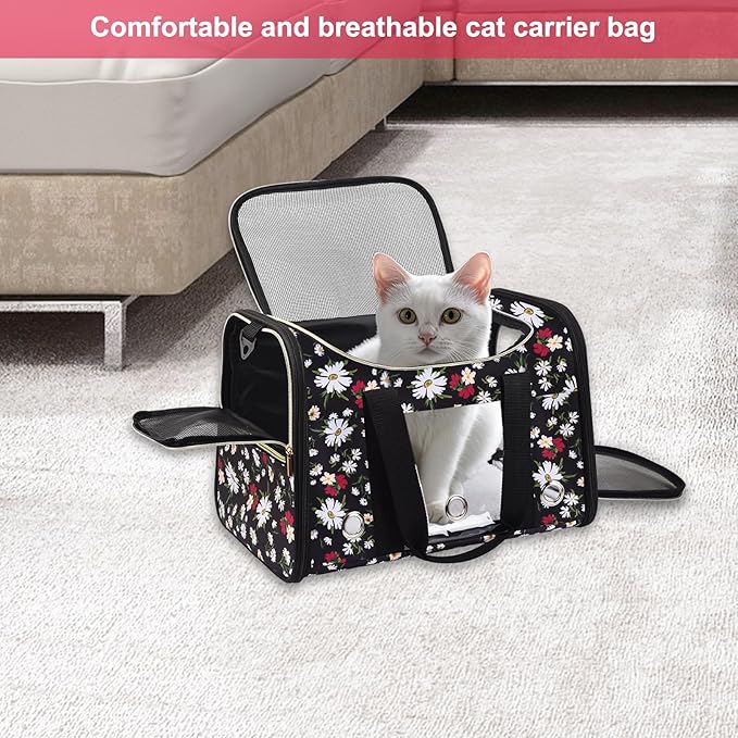 Petmolico Cat Carrier Dog Carrier, Airline Approved Soft Pet Travel Carrier with 3 Open Doors Mesh Windows for Cats Puppy 16 lbs, White Daisy
