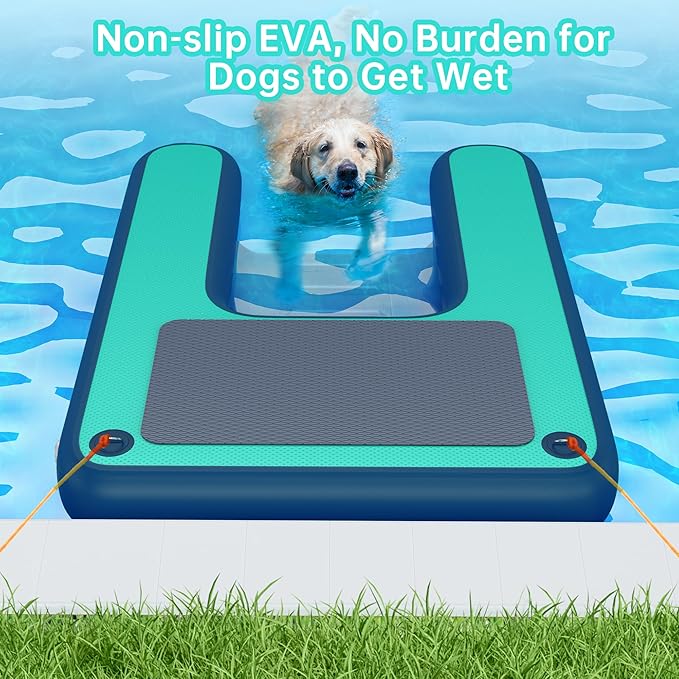 Inflatable Dog Water Ramp, Dog Floats Ramp Ladder for Pools, Boats, Docks, Sea and Lake, Non-Slip EVA 4ft x 3.3ft Platform for Dogs Up to 180LBS