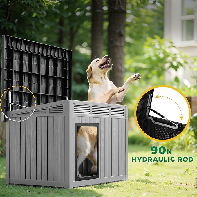 ROJIK Dog House Outdoor Indoor Weatherproof with Removable Roof Raised Base Plate,Pet House Weatherproof for Small Medium Dogs,Easy to Clean and Lightweight(32.2 * 25.12 * 24.13inch,Grey)