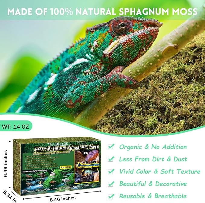 Riare 14 OZ Premium Sphagnum Moss for Reptiles- 20QT Natural Live Moss Reptile Moss Bedding for Terrarium, Hatching, Forest Sphagnum Moss Reptile Substrate for Snakes, Gecko, Turtles, Frogs, Leopard