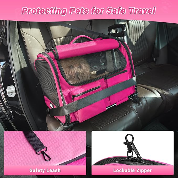 Large Pet Carrier with Wheels, Foldable Rolling Dog Carrier with Big Pocket, Cat Rolling Bag 21"x13"x13"for 2 Cats &Dogs, Use for Travel, Outdoor, Vet Visits, Camping, Indoor. Pink