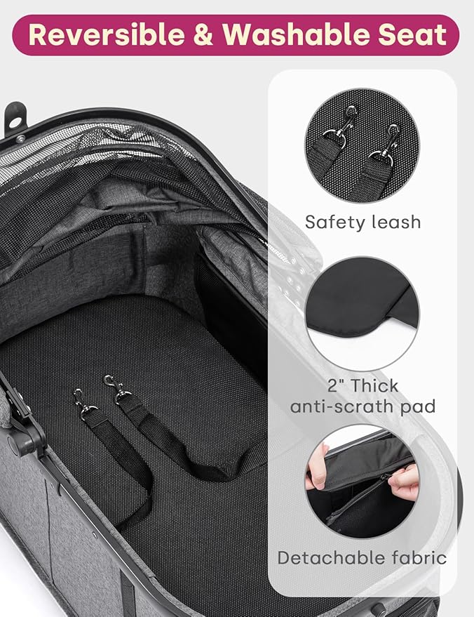 Dog Stroller for Small/Medium Dogs Up to 60lbs, 4 Wheels Folding Pet Stroller with Detachable Carrier, Pet Travel Carrier for Puppy & Cats, Storage Basket, Breathable Mesh, Grey