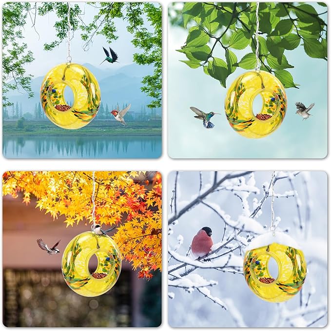 VCUTEKA Bird Feeder Solar Fly Through Bird Feeders for Outside Hanging with Round Shape Glass Container to Attract Wild Birds for Garden Decor, Yellow 8"