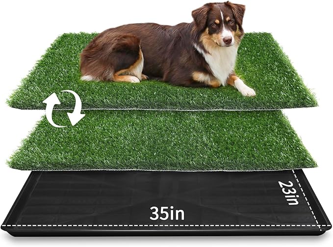 LOOBANI Large Dog Grass Pad with Tray - 35x23in Dog Litter Box with 2-Pack Replacement Artificial Grass Puppy Training Pads - Potty Tray for Balcony Apartment Indoor Outdoor Use