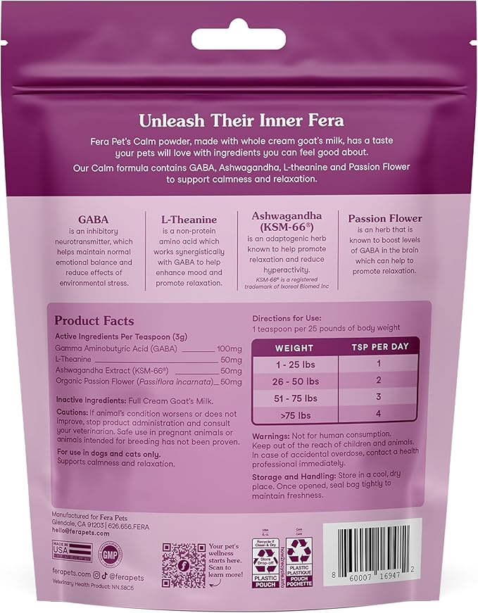 Fera Pet Organics Calming Goat Milk Cat & Dog – Vet Created - Pet Anxiety, Stress & Hyperactivity - Ashwagandha Supplement with GABA-60 Servings