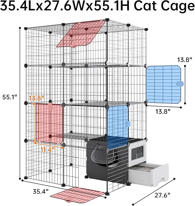 Oneluck Cat Cage with Litter Box,4-Tiers DIY Enclosures Large Playpen Detachable Metal Wire Kennel Indoor Crate Large Exercise Place Ideal for 1-2 Cat (35" L x 28" W x 55" H)