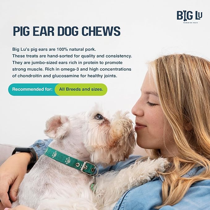 Big Lu – Pig Ear Dog Chews, 12 Count, All-Natural Single-Ingredient Pork Treats, Easily Digestible, Supports Joint Health with Glucosamine and Chondroitin