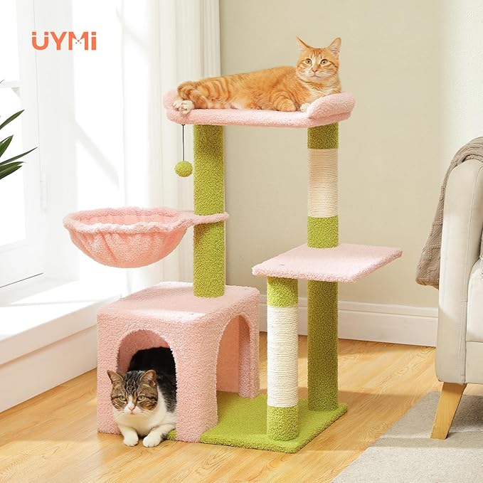 Pink Cat Tree for Indoor Cats with Metal Frame Carpet Hammock, 32" Cute Cat Tower with Cozy Condo, Top Perch, Scratching Posts, and Replaceable Ball Toy, Pet Furniture for Small Cats & Kittens