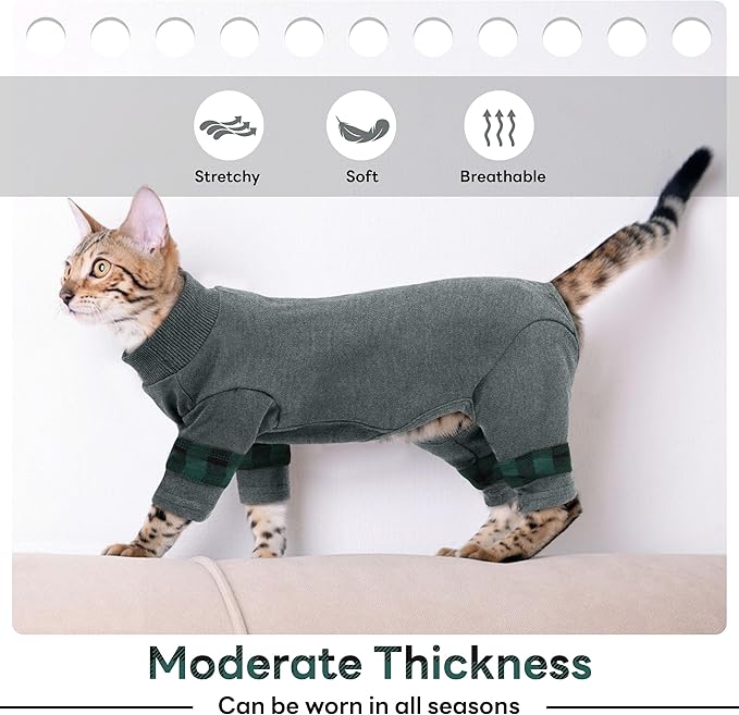 PUMYPOREITY Fur Control Cat Pajamas, Versatile Shirt for All-Day Wear, Soft Stretchy Sweater with Back Snap for Easy Wear, Cat Onsie Prevents Licking Wounds, 2XL, Grey
