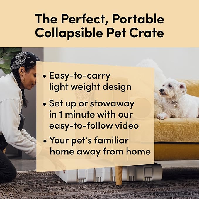 KindTail PAWD Collapsible Puppy and Dog Crate + Washable Bed - Stylish Pet Kennel with Comfortable Pad - Safe Indoor Set - Lightweight, Compact & Portable for Travel - Medium Blue