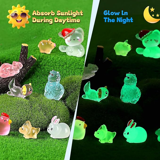 130pcs Luminous Mini Resin Animals Figures to Hide Miniature Figurines Glow in The Dark for Miniature Fairy Garden Accessories Micro Landscape Aquarium Ornaments Kit Dollhouse Decor Crafts