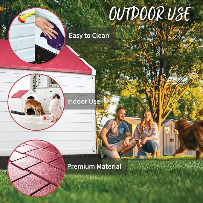PUKAMI Plastic Dog House Outdoor Indoor,Durable Dog House for Small Medium Large Dogs,Waterproof Dog Houses with Elevated Floor and Air Vents,Ventilate & Easy Clean and Assemble(Red, 42inch)