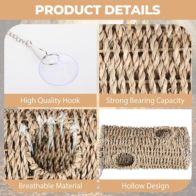 Reptile Hide Cave Hollow Cave Hideout with 2 Pcs Suction Cup and Chains Gecko Hide Reptile Tank Decor Seagrass Fiber Climbing Toys for Lizard Snakes Hermit Crabs(Long Cylindrical)