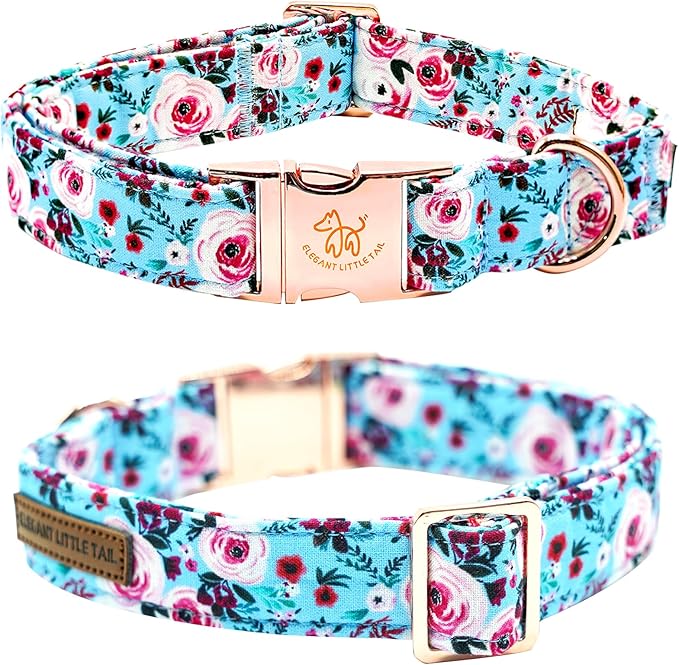 Elegant Little Tail Pink Floral Print Summer Dog Collar - Cotton, Durable, Metal Buckle - Large Dogs, Blue Flower