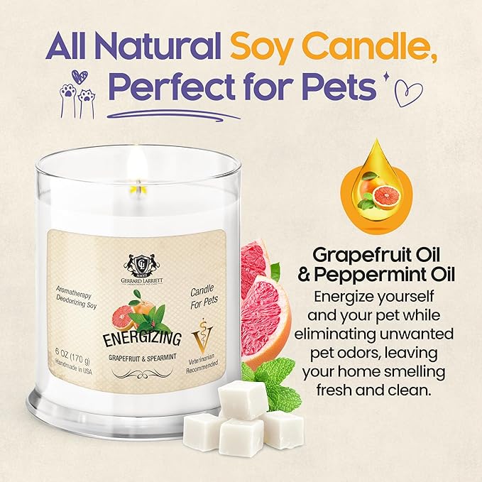 Energizing Grapefruit & Spearmint Scented Candles for Home Decor and Pet Odor - Aromatherapy Stress Relief Soy Wax Candles - Pet Odor Eliminator for Home