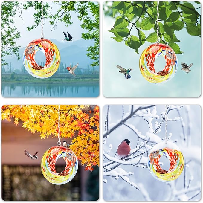 VCUTEKA Bird Feeder Solar Fly Through Bird Feeders for Outside Hanging with Round Shape Glass Container to Attract Wild Birds for Garden Decor, Solar Birdfeeder as Gift for Lovers, Red 8-Inch