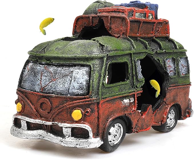 Car Wreckage Aquarium Ornament Car Wreckage for Fish Tank Underwater Landscape Decoration Hiding Cave Hideouts House Plants Supplies Accessories – Small(Green)