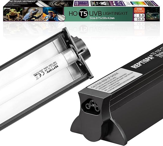 T5 HO UVB Lighting Combo Kit, 39W Reptile Light Fixture with Fluorescent Light Bulbs, Tropical 5.0 UVB Light for Reptiles and Amphibians, Basking Light for Bearded Dragon, High Output Natural Light