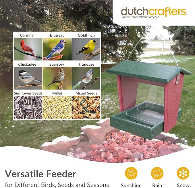 Plastic Hanging Hopper Bird Feeder, Small Bird Feeders for Outdoors, Suitable for Food Seed, Mealworm (Small, Turf Green & Cherry Wood)