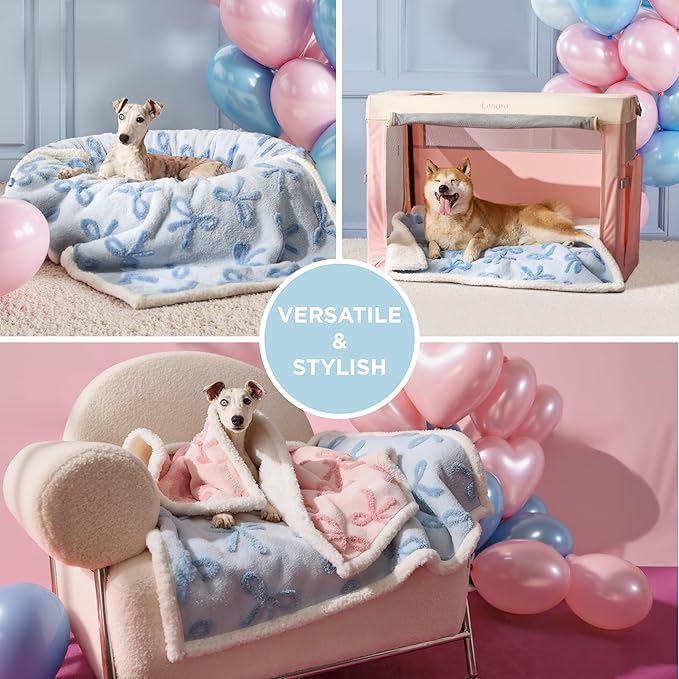 Lesure Waterproof Puppy Blanket for Small Dogs - Washable Double Sided Dog Blankets with Warm Jacquard Shag and Soft Sherpa Fleece, Pet Cat Blanket for Couch Protection, Bow Design,Ice Blue