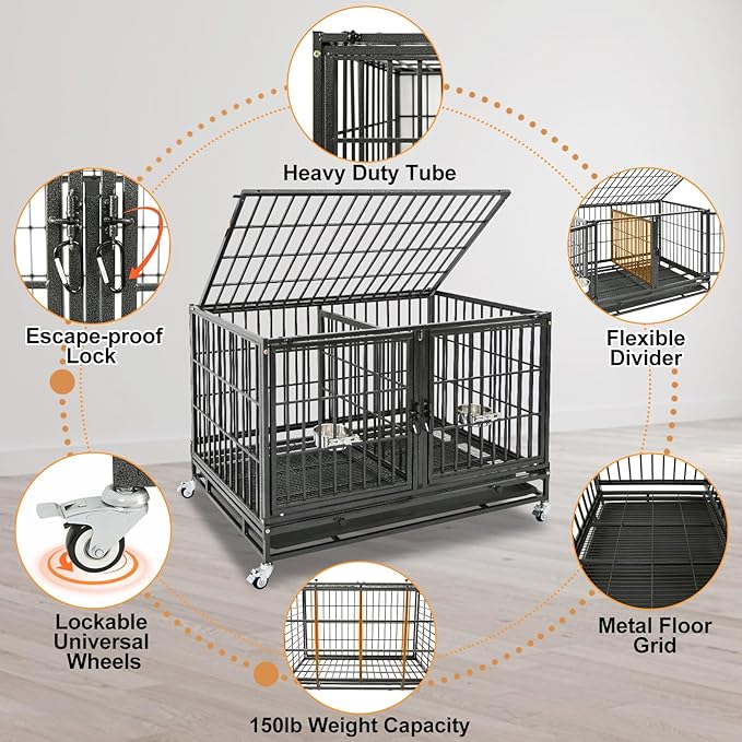 Homey Pet Three Tiers 43 inch Heavy Duty Dog Crate with Wheels, Stackable Indestructible Steel Dog Cage Kennel Indoor with Divider, Trays, Bowls, Escape Proof Locks for Breeder and More