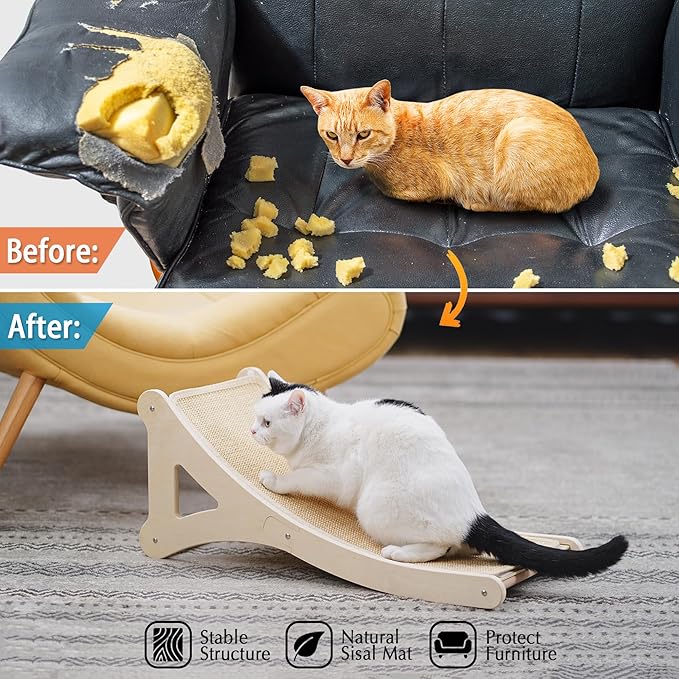 PETKARAY Curved Cat Scratcher, Sisal Kitty Scratching Ramp, L Shape Scratch Pad for Indoor Cats, 25.6" Furniture Protector with Mouse Toy, Chevron Style