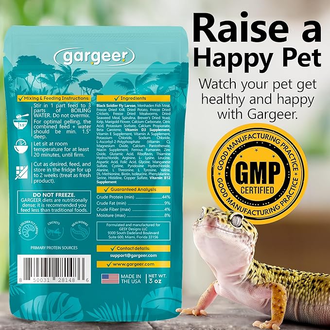 Leopard Gecko Food 3oz. Complete Gel Diet for Both Juveniles and Adults. Proudly Made in The USA, Using Premium Ingredients, Fortified Gourmet Formula. Enjoy!!!