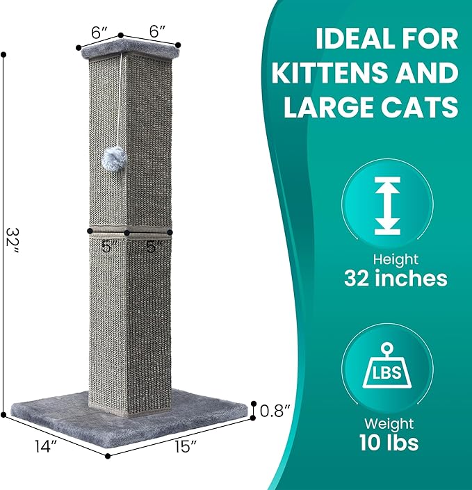 Cat Scratching Post 32 Inch for Indoor Large Cats and Kitten, Nature Sisal Tall Cat Scratch Post, Sisal Cat Scratcher Improve Cat's Scratching Habits and Protect Your Furniture, Dark Grey